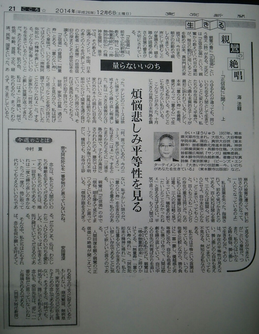海先生東京新聞記事2014・12・6
